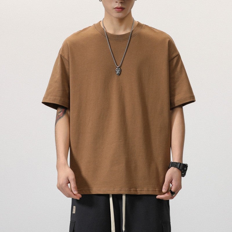 Summer solid color short sleeve men's T-shirt solid color base loose ins trendy simple all-match plus size fat half sleeve cotton T-shirt - Image 1