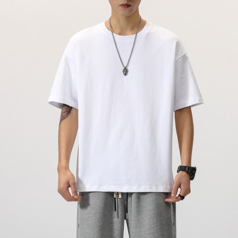 Summer solid color short sleeve men's T-shirt solid color base loose ins trendy simple all-match plus size fat half sleeve cotton T-shirt - Image 3