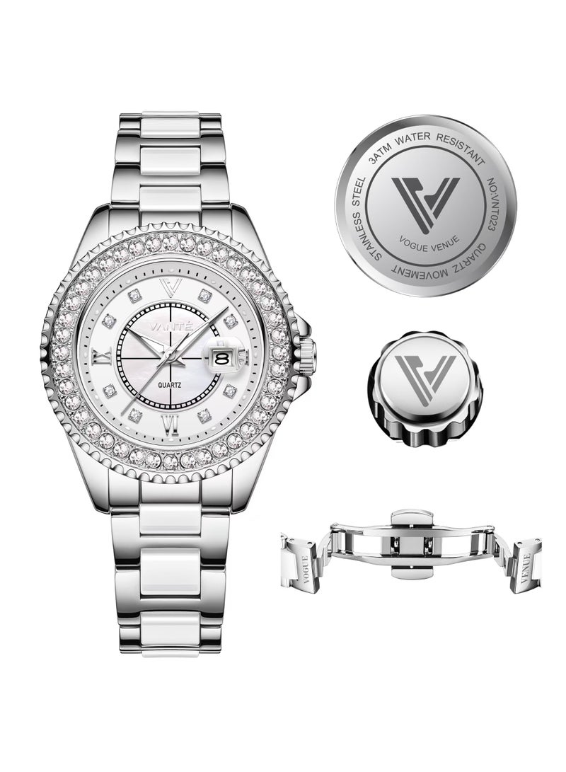 VOGUE VENUE VANTÉ Series Elegant Crystal-Encrusted Silver Women’s Watch with Date Window by VOGUE VENUE-VNT023 - Image 5