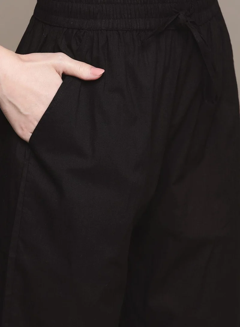 ISHIN Women's Black Cotton Self Designed Tunic Upper Full Length Palazzo Bottom Regular Fit Kurta Set