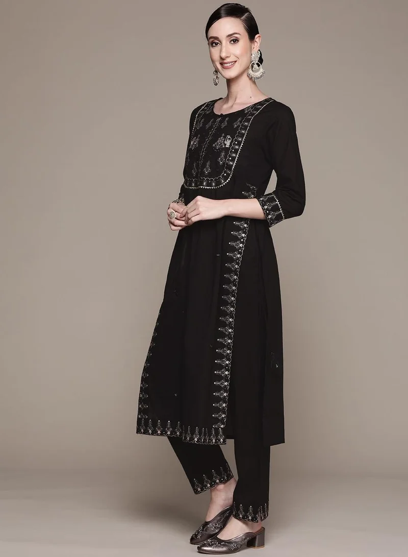 ISHIN Women's Black Cotton Self Designed Tunic Upper Full Length Palazzo Bottom Regular Fit Kurta Set