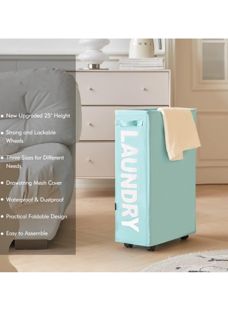 SYOSI 42L Rolling Slim Laundry Basket with Handle on Wheels, Foldable Hamper, Collapsible Sorter and Organizer, Tall Storage Bin (Light Blue) - Image 2