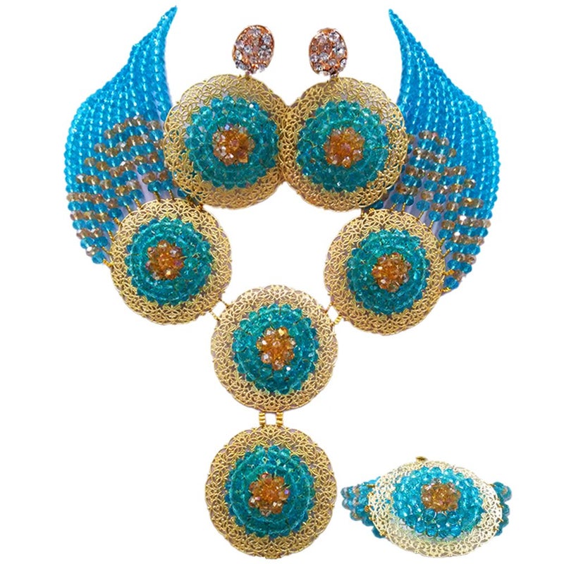aczuv African Beads Jewelry Set 2017 Nigerian Wedding Necklace and Earrings for Women (Lake Blue Gold AB) - Image 5
