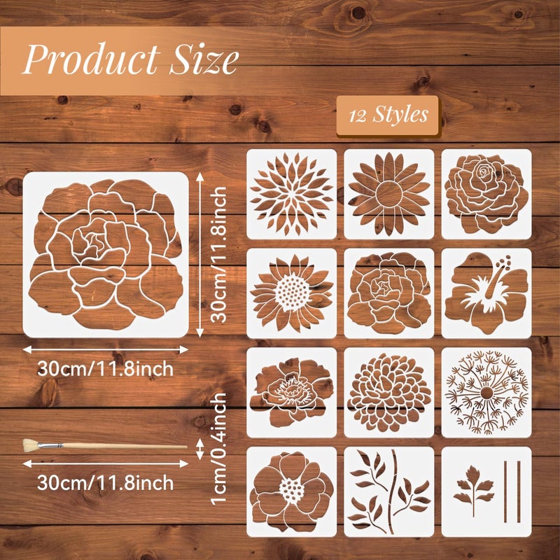 TWINKLEMON 12PCS Large Flower Stencils for Painting on Wood 12 x 12 Inch Giant Wall Stencil with Brushes Large Pattern Floral Stencils Sunflower Paint Stencil for Walls Garden Fence Furniture Fabric - Image 2