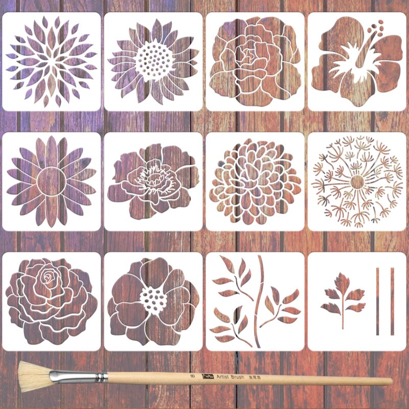 TWINKLEMON 12PCS Large Flower Stencils for Painting on Wood 12 x 12 Inch Giant Wall Stencil with Brushes Large Pattern Floral Stencils Sunflower Paint Stencil for Walls Garden Fence Furniture Fabric - Image 1