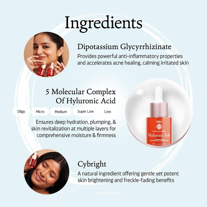 Indulgeo Essentials 5 Molecular Complex Hyaluronic Acid Lightweight Face Serum For Hydration Glowing Skin Fine Lines Ideal For Women Men with Dry Normal Oily Skin 20ml - Image 3