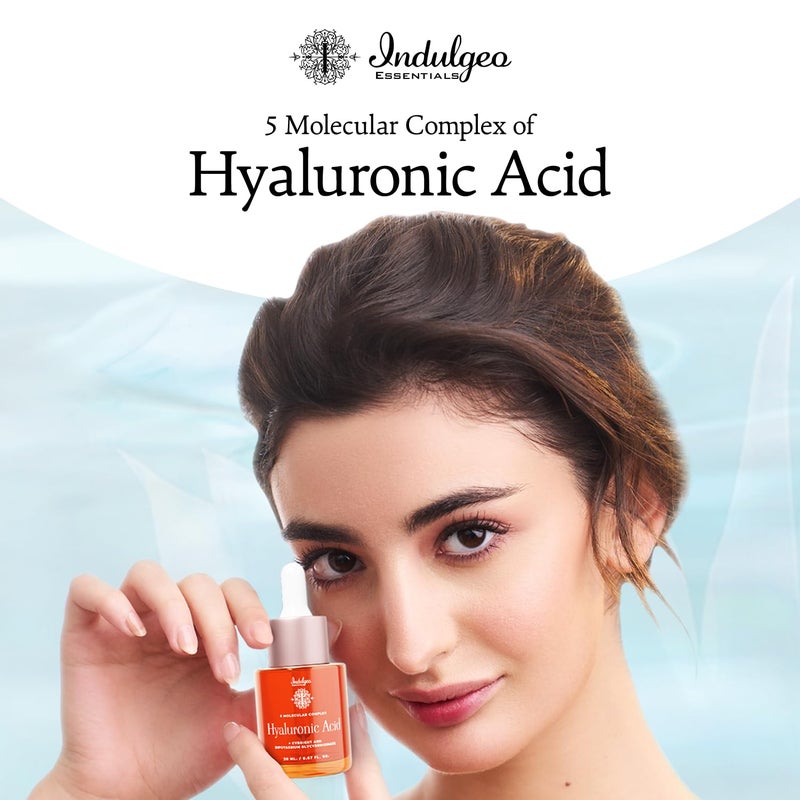 Indulgeo Essentials 5 Molecular Complex Hyaluronic Acid Lightweight Face Serum For Hydration Glowing Skin Fine Lines Ideal For Women Men with Dry Normal Oily Skin 20ml - Image 2