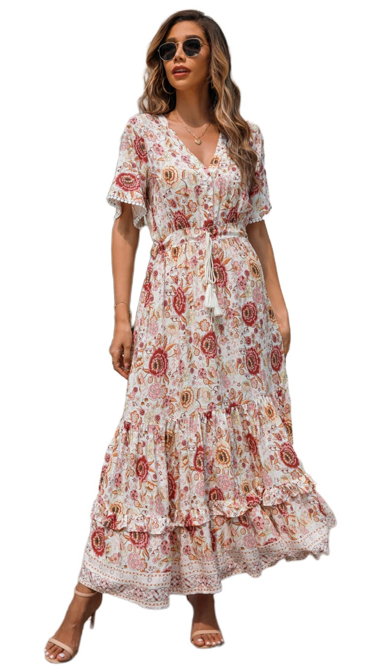 R.Vivimos Womens Summer Cotton Short Sleeve V Neck Floral Print Casual Bohemian Midi Dresses (Medium, WhitePink) - Image 1