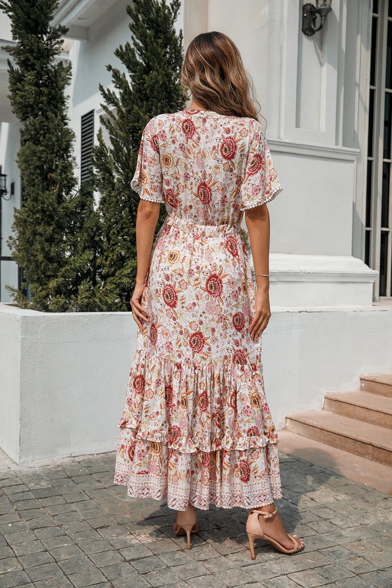 R.Vivimos Womens Summer Cotton Short Sleeve V Neck Floral Print Casual Bohemian Midi Dresses (Medium, WhitePink) - Image 2