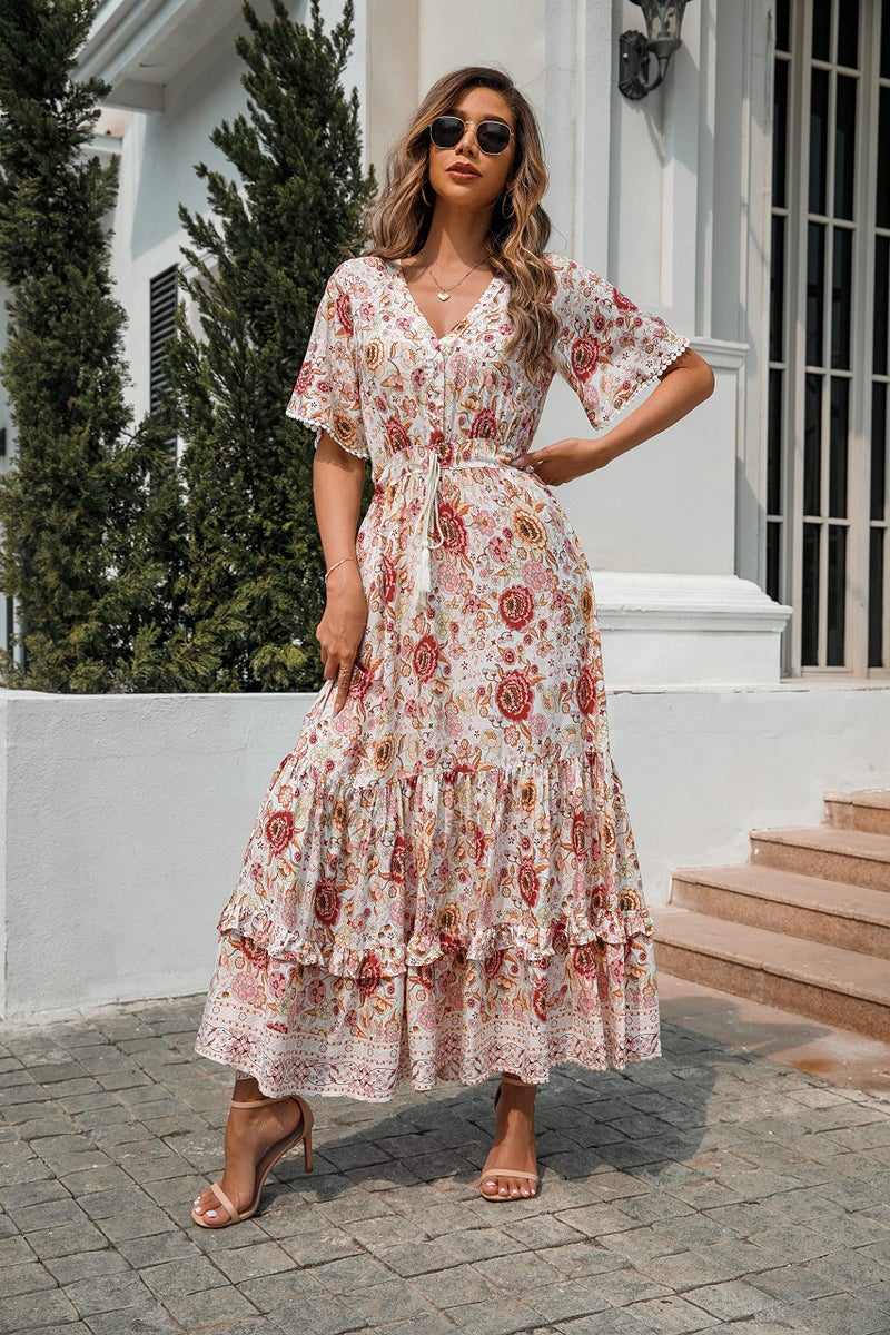 R.Vivimos Womens Summer Cotton Short Sleeve V Neck Floral Print Casual Bohemian Midi Dresses (Medium, WhitePink) - Image 3