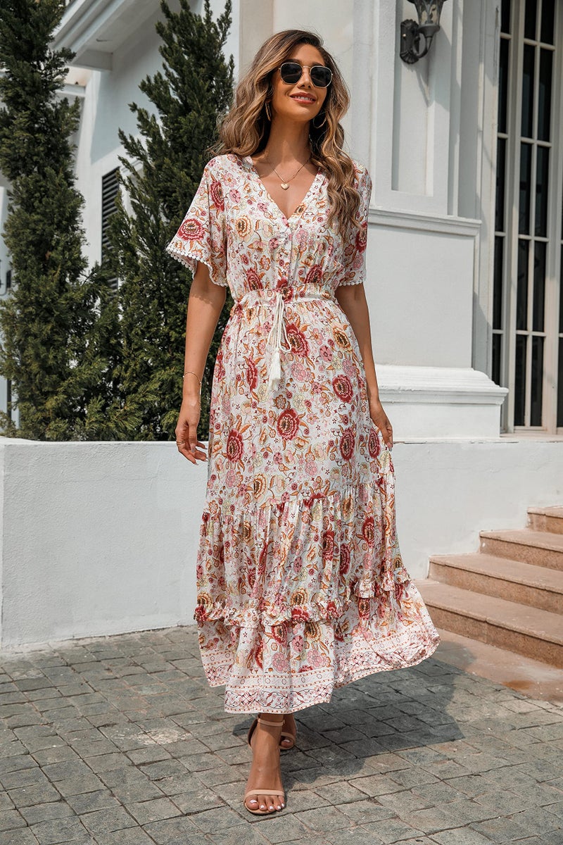 R.Vivimos Womens Summer Cotton Short Sleeve V Neck Floral Print Casual Bohemian Midi Dresses (Medium, WhitePink) - Image 4