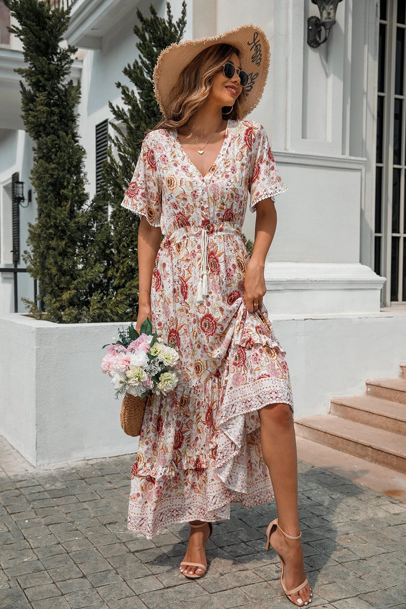 R.Vivimos Womens Summer Cotton Short Sleeve V Neck Floral Print Casual Bohemian Midi Dresses (Medium, WhitePink) - Image 5