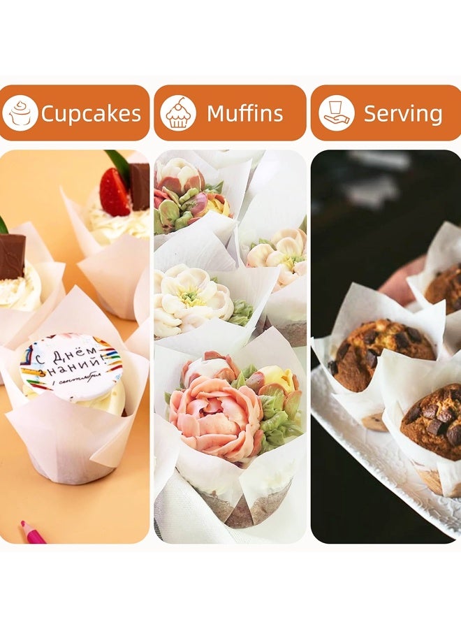100 Counts Natural Tulip Cupcake Liners for Baking Cups, Food Grade Parchment Paper Muffin Liners Holders,Greaseproof Cup Cake Wrappers(White） - Image 3