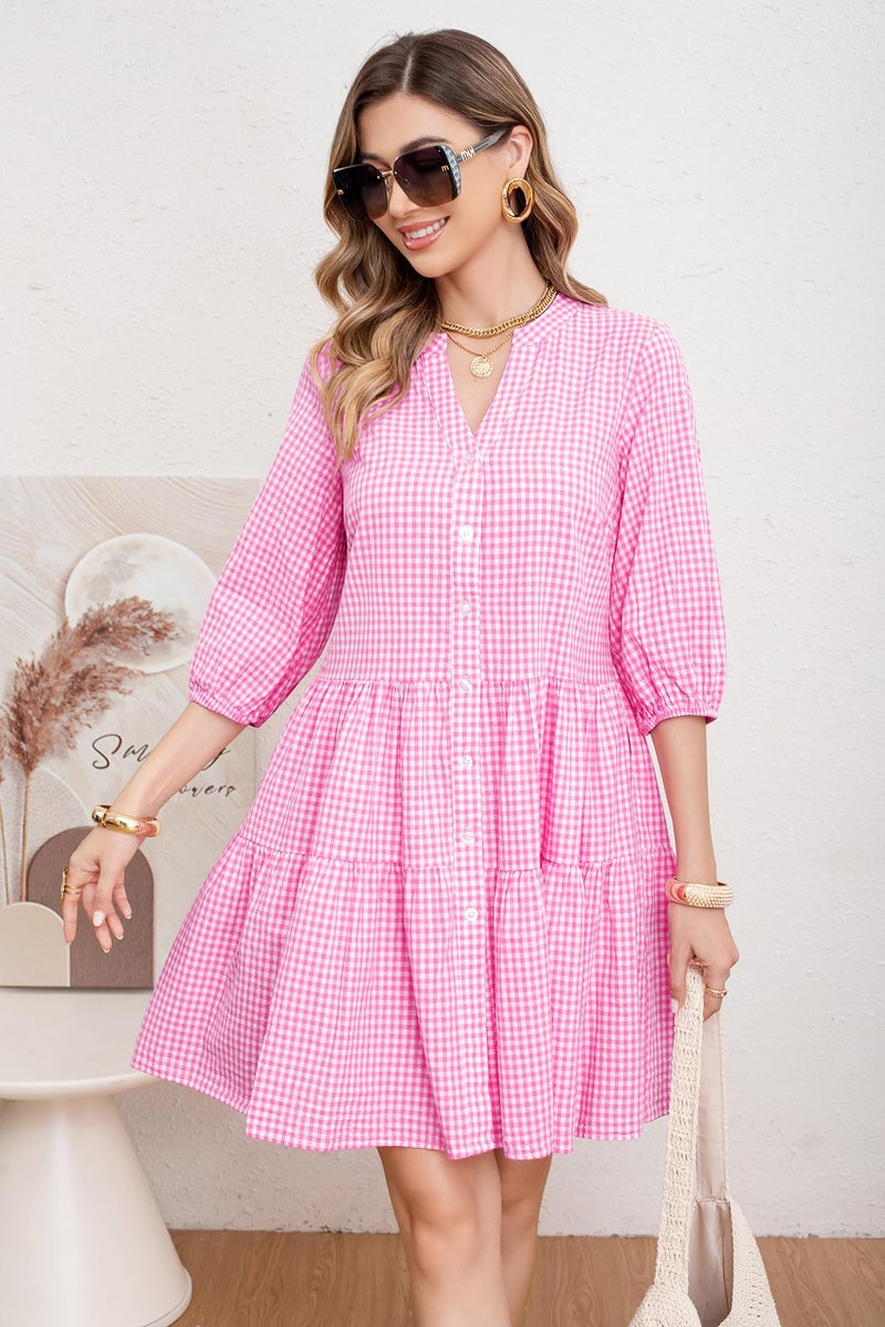 utcoco Women's 2026 Spring Summer Plaid Shirt Dress 3/4 Puff Sleeve Button Down Loose Casual Midi Dress with Pockets (Medium, Pink) - Image 5