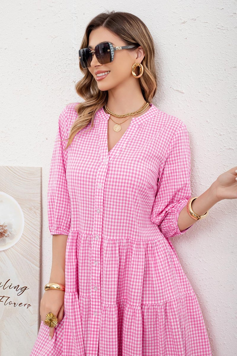 utcoco Women's 2026 Spring Summer Plaid Shirt Dress 3/4 Puff Sleeve Button Down Loose Casual Midi Dress with Pockets (Medium, Pink) - Image 4