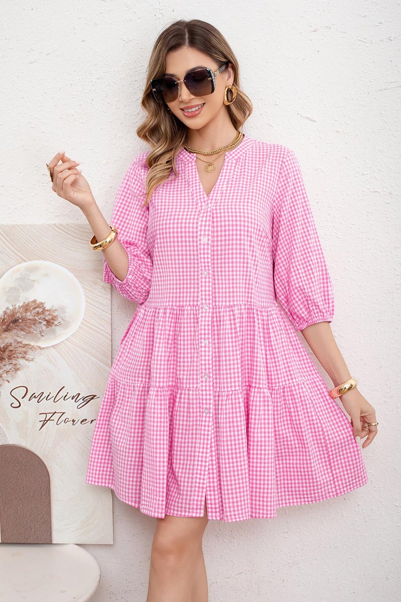 utcoco Women's 2026 Spring Summer Plaid Shirt Dress 3/4 Puff Sleeve Button Down Loose Casual Midi Dress with Pockets (Medium, Pink) - Image 2
