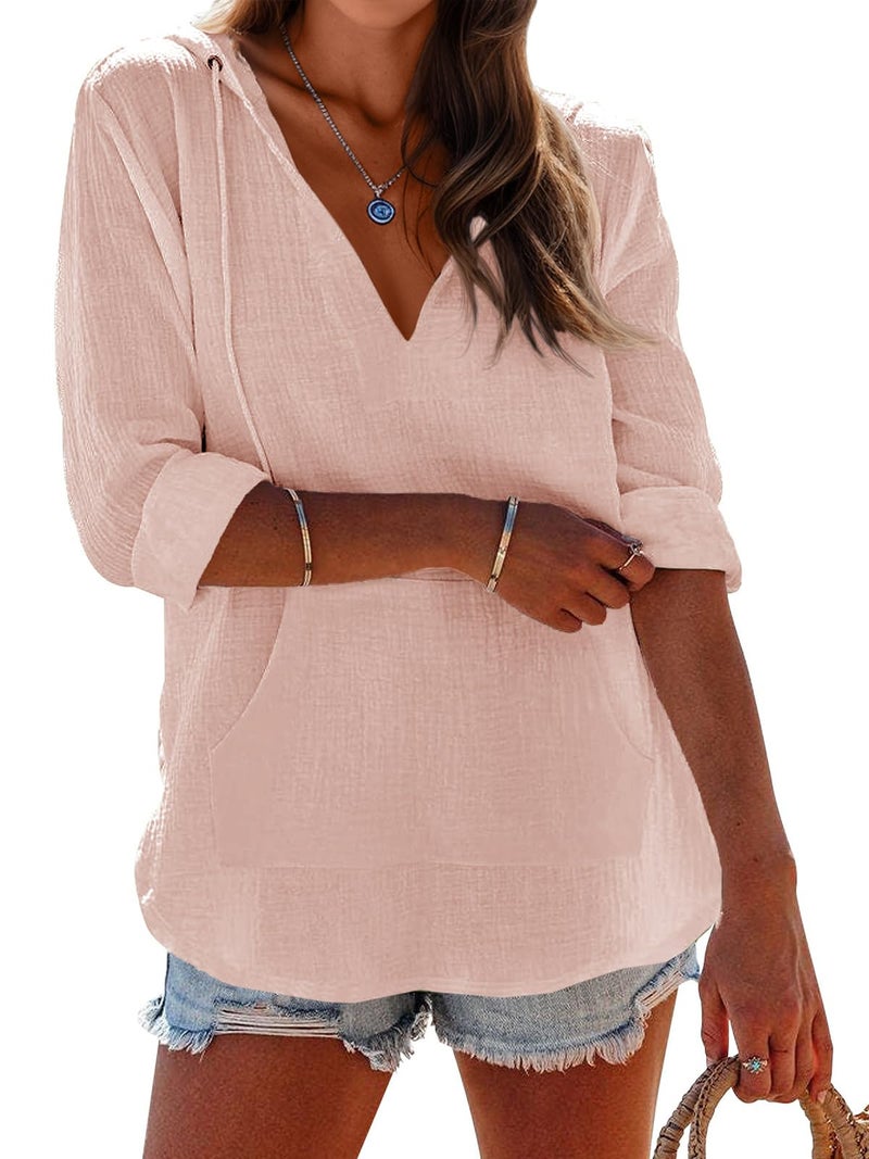 Ebifin Women's Beach Cover Up Shirt Long Sleeve V Neck Pocketed Hooded Top Pink - Image 2