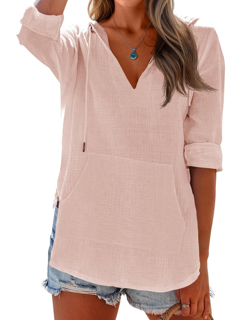 Ebifin Women's Beach Cover Up Shirt Long Sleeve V Neck Pocketed Hooded Top Pink - Image 3