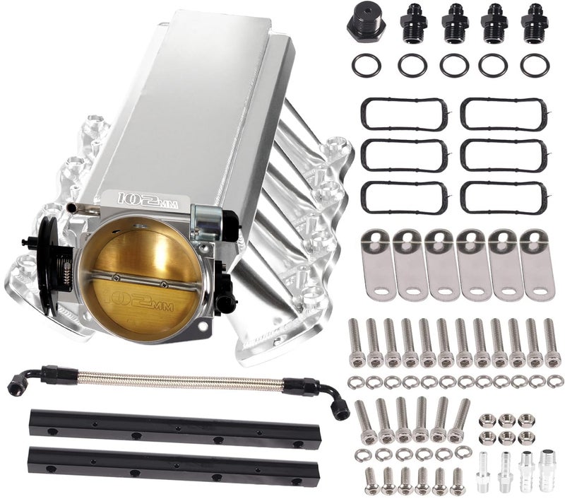 POSENG LS Intake Manifold with 102mm Throttle Body Fuel Rails Kit Replacement for Chevy 48 53 60 62 LS LS1 LS2 LS6 Sheet Metal Al Fabricated Silver