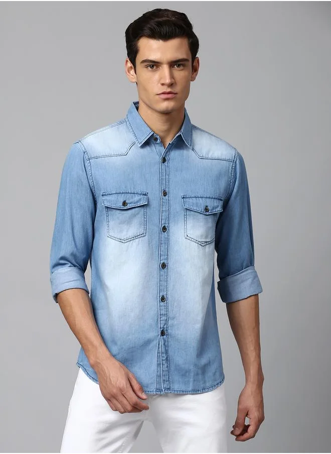 Dennis Lingo Slim Fit Medium Blue Men's Solid Shirt, Spread Collar, Full Sleeves, 100% Cotton,