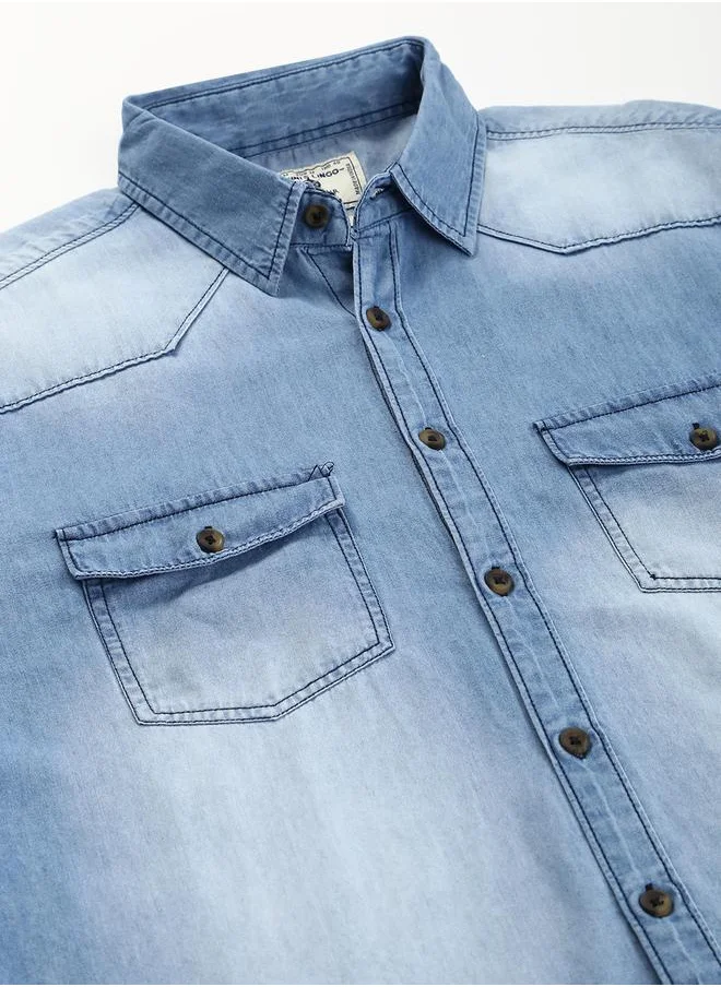 Dennis Lingo Slim Fit Medium Blue Men's Solid Shirt, Spread Collar, Full Sleeves, 100% Cotton,