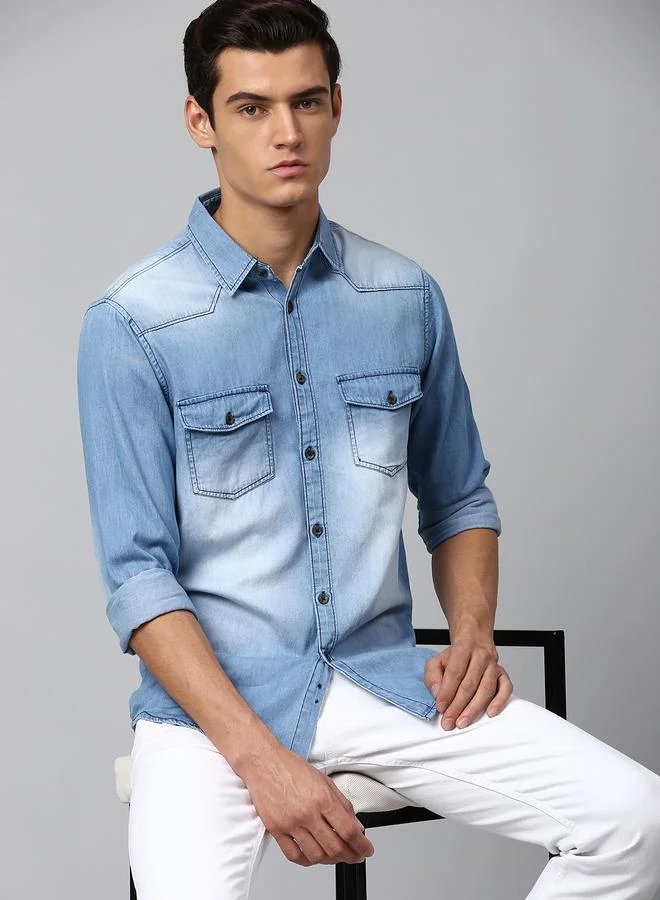 Dennis Lingo Slim Fit Medium Blue Men's Solid Shirt, Spread Collar, Full Sleeves, 100% Cotton,