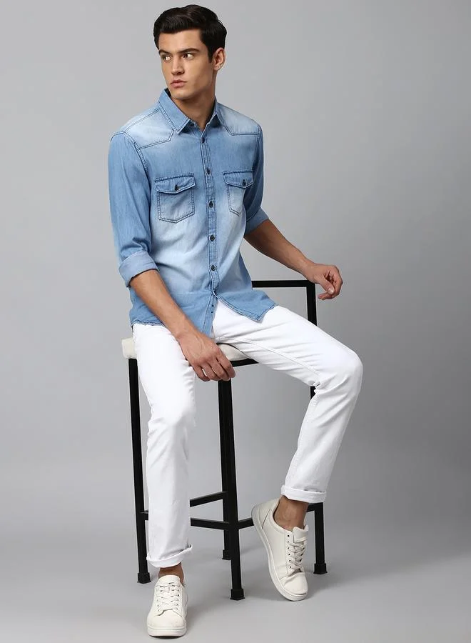 Dennis Lingo Slim Fit Medium Blue Men's Solid Shirt, Spread Collar, Full Sleeves, 100% Cotton,
