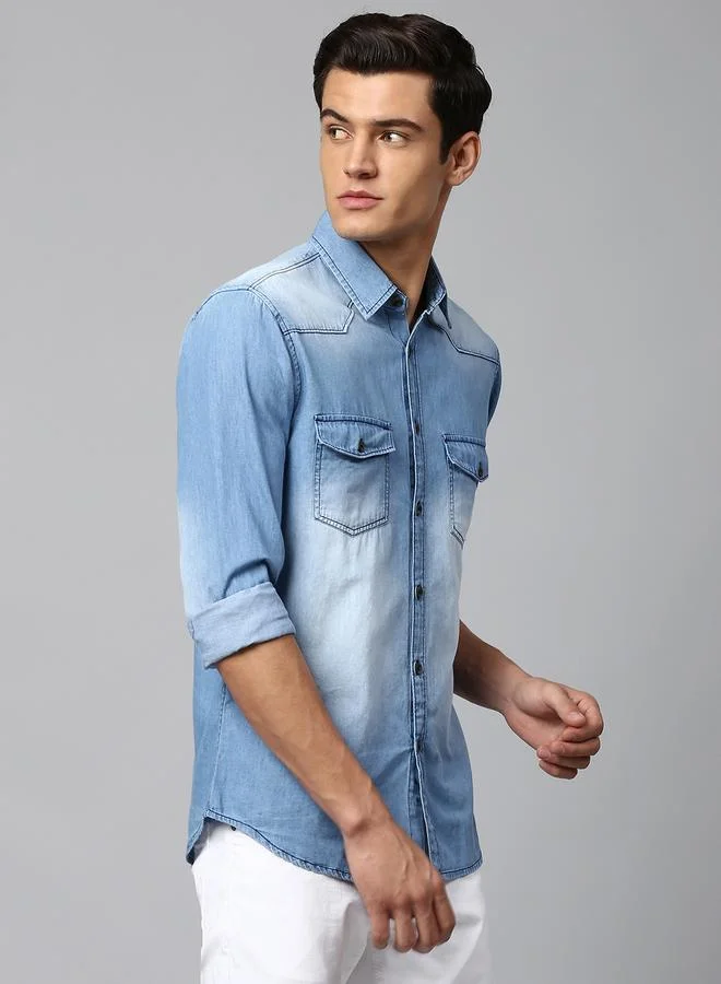 Dennis Lingo Slim Fit Medium Blue Men's Solid Shirt, Spread Collar, Full Sleeves, 100% Cotton,