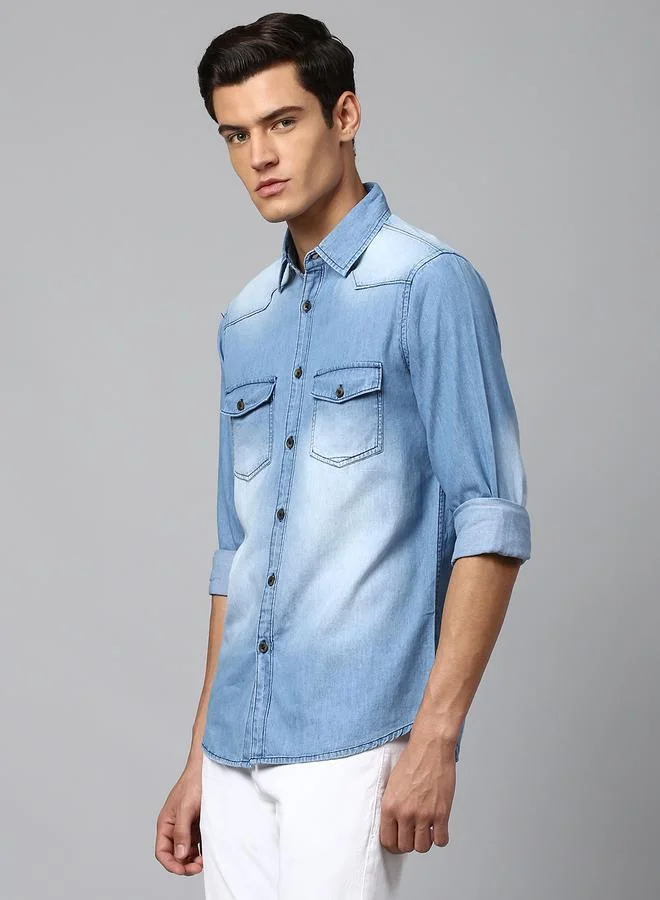 Dennis Lingo Slim Fit Medium Blue Men's Solid Shirt, Spread Collar, Full Sleeves, 100% Cotton,