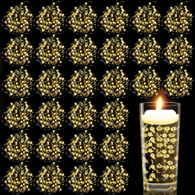 30 Pieces Floating Pearls Beads String for Floating Candles Gold Vase Fillers for Centerpieces Faux Pearls Beads String for Wedding Celebration Party Decor