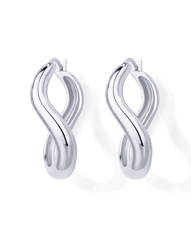 PAVOI Rhodium Plated 925 Sterling Silver Posts Chunky Wavy Hoops for Women | Lightweight Statement Endless Wave Hoop Earrings - Image 3