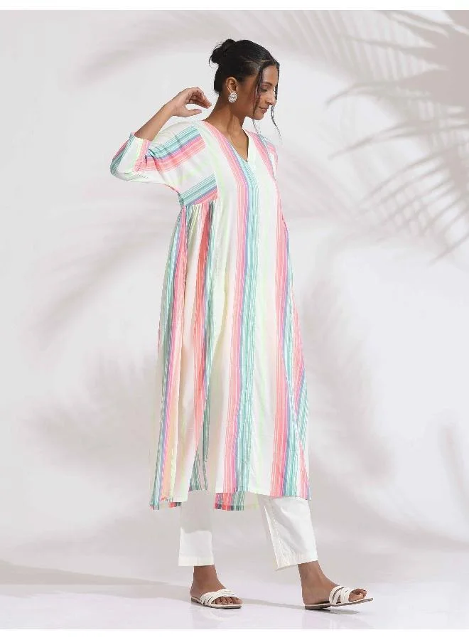 ترو برونز trueBrowns Off-White Cotton Multi Stripe Flared Kurta Set