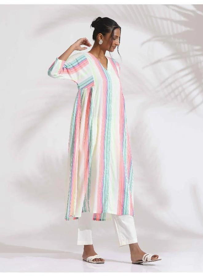 trueBrowns Off-White Cotton Multi Stripe Flared Kurta Set