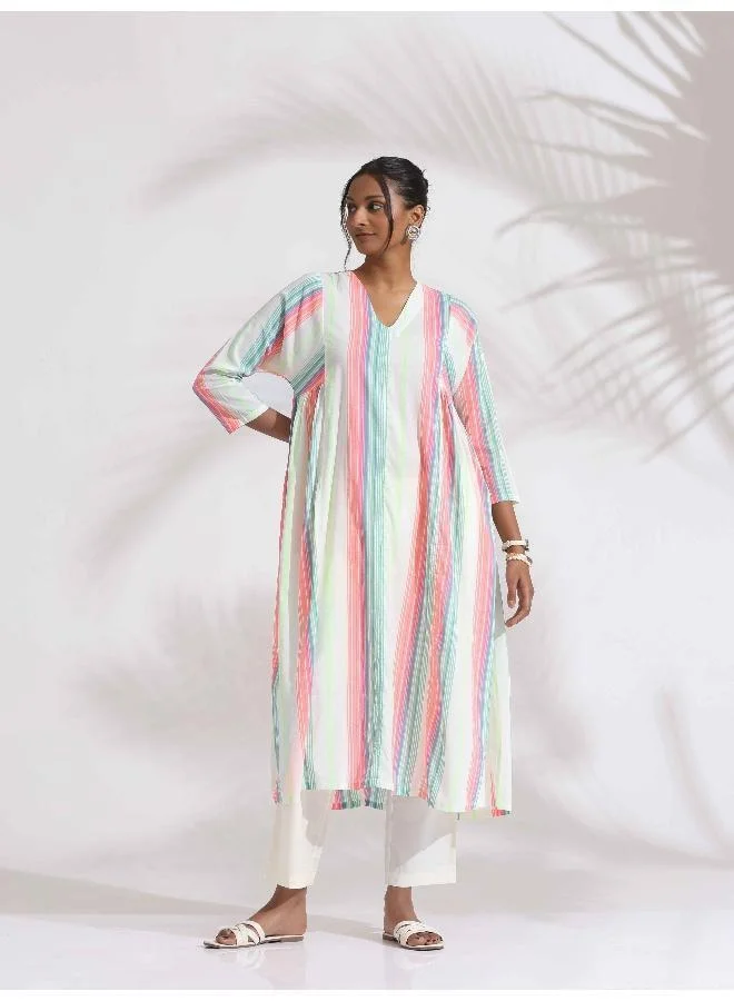 trueBrowns Off-White Cotton Multi Stripe Flared Kurta Set