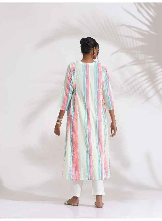 trueBrowns Off-White Cotton Multi Stripe Flared Kurta Set