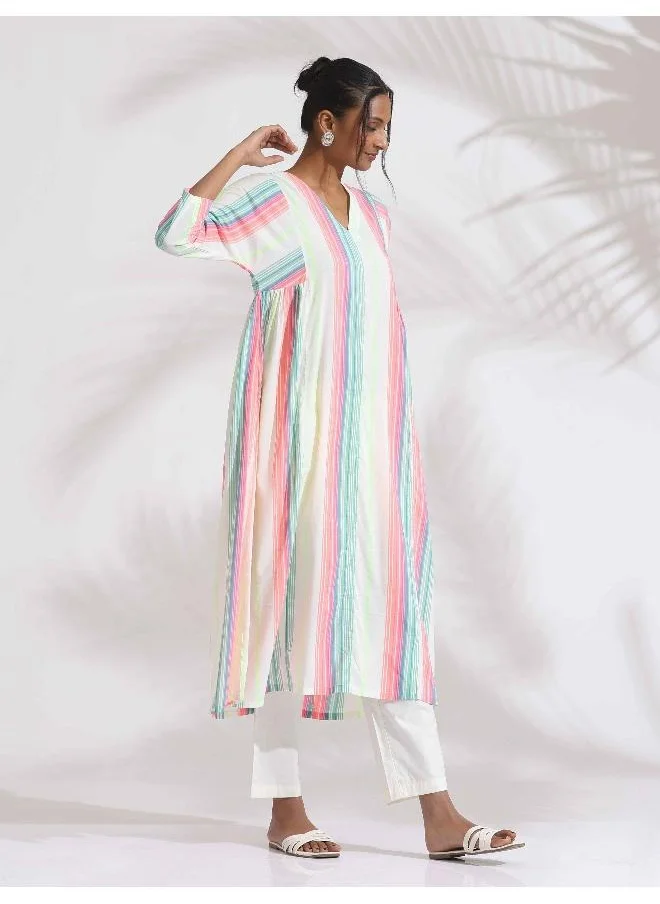 trueBrowns Off-White Cotton Multi Stripe Flared Kurta Set