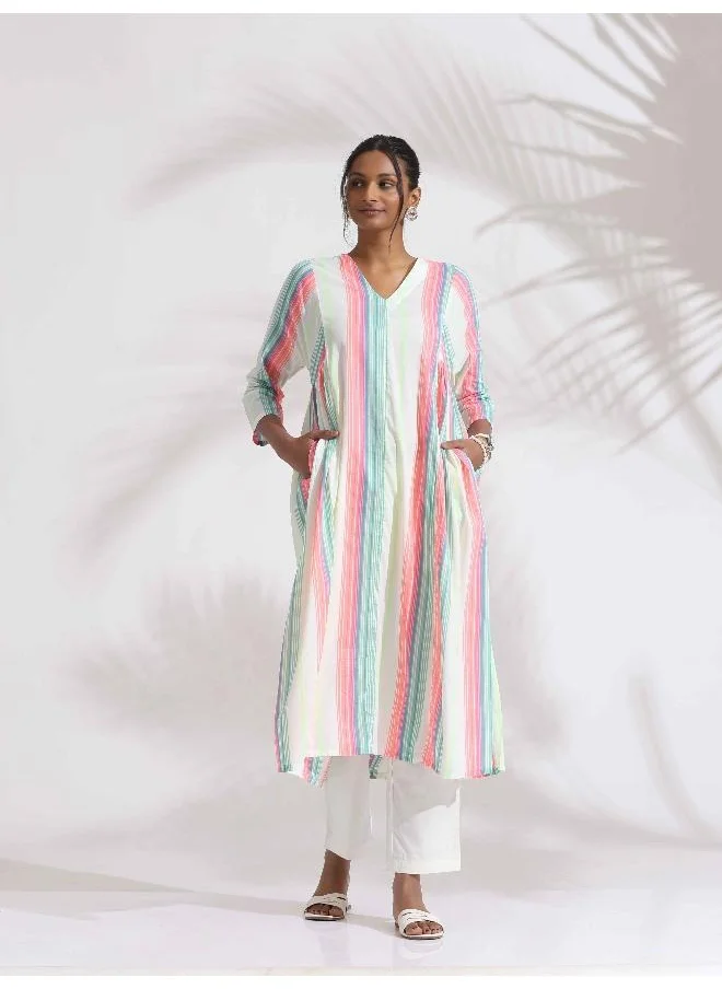 trueBrowns Off-White Cotton Multi Stripe Flared Kurta Set