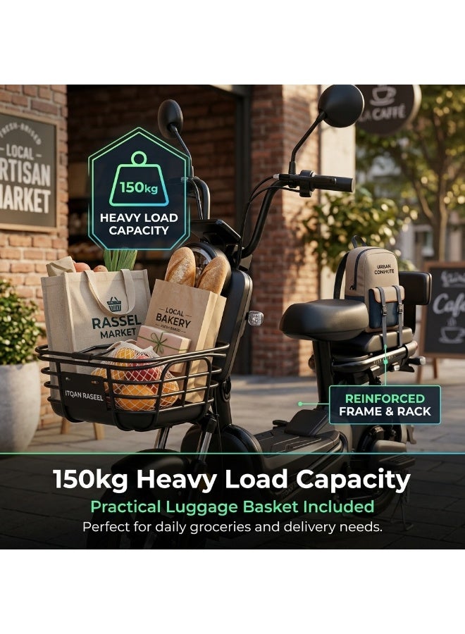 ITQAN RASEEL Upgraded Version — Long-lasting battery 60km adult high-speed two-person E scooter、E-bike, comes with a front basket and double seat | 600W A+ motor | 60V 20Ah battery | Top speed 65 km/h | Supports up to 150 kg | Features a digital display and LED lights, sturdy and durable, perfect for everyday family commuting. - Image 4