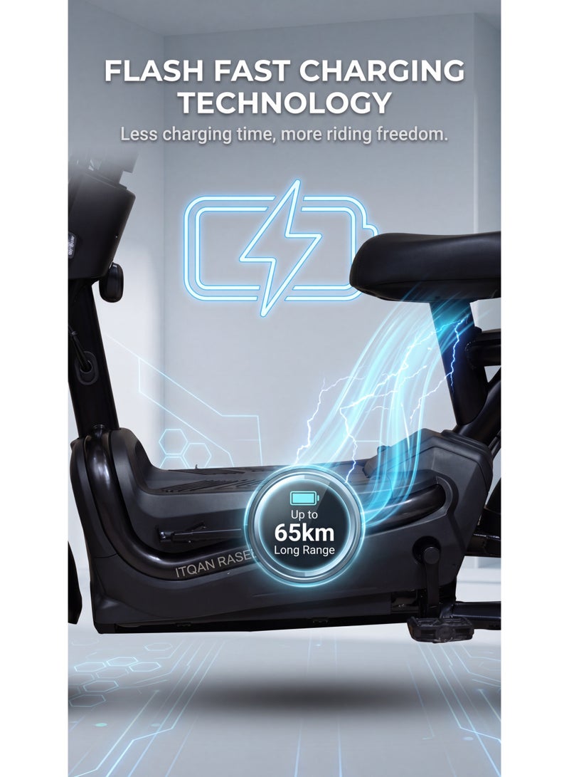 ITQAN RASEEL Upgraded Version — Long-lasting battery 60km adult high-speed two-person E scooter、E-bike, comes with a front basket and double seat | 600W A+ motor | 60V 20Ah battery | Top speed 65 km/h | Supports up to 150 kg | Features a digital display and LED lights, sturdy and durable, perfect for everyday family commuting. - Image 5