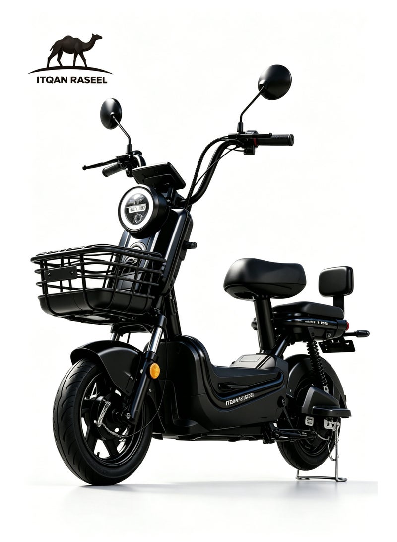 ITQAN RASEEL Upgraded Version — Long-lasting battery 60km adult high-speed two-person E scooter、E-bike, comes with a front basket and double seat | 600W A+ motor | 60V 20Ah battery | Top speed 65 km/h | Supports up to 150 kg | Features a digital display and LED lights, sturdy and durable, perfect for everyday family commuting. - Image 1