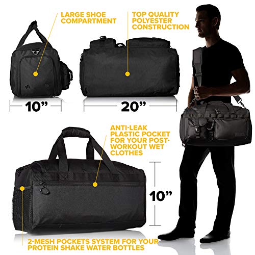 Fitdom 20" 32L Tactical Black Gym Duffle Bag with Shoe Compartment. Best Workout Bag For Men & Women. Black Gym Bag is Great For Basketball, Soccer & Other Sports As Well As Weekender & Overnight Bag - Image 3