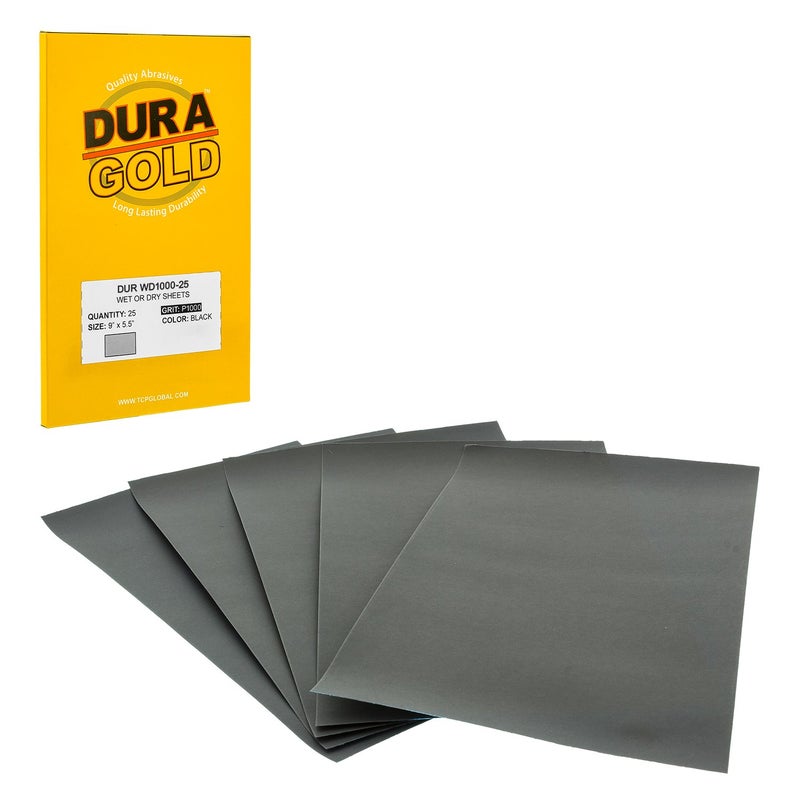 DuraGold Premium 1000 Grit Wet or Dry Sandpaper Sheets 512 x 9 Box of 25 Car Color Sanding Detailing Polishing Automotive Woodworking Wood Furniture Metal Finishing Hand Sand Block Sander