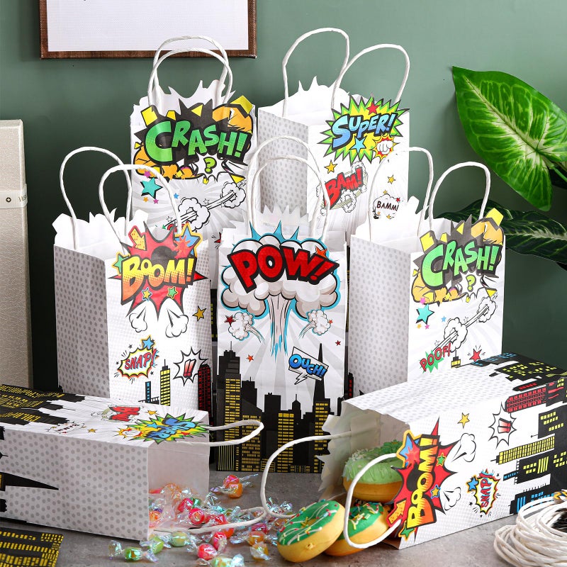 Kolldenn 24pcs Hero Party Favors Bags bulk with Handles Comic Boom Kraft Paper Goodie Gift Bags for Birthday Party Supplies Baby Shower Decorations - Image 2