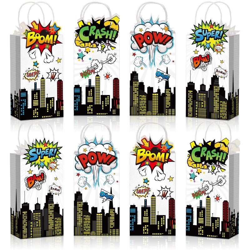 Kolldenn 24pcs Hero Party Favors Bags bulk with Handles Comic Boom Kraft Paper Goodie Gift Bags for Birthday Party Supplies Baby Shower Decorations - Image 1