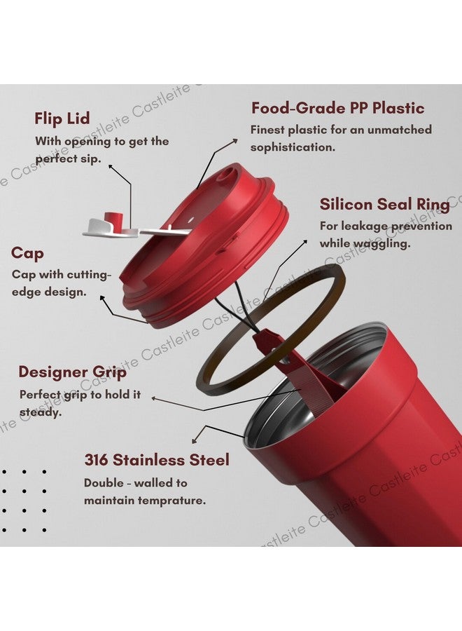 Castleite BrewCruise Travel Coffee Mug 6 & 8 Hours Hot & Cold 450ML Vacuum Insulated Stainless Steel Double Walled Sipper with Spill-Proof Flip Lid Design - Vogue Portable Companion (Towny Red) - Image 3