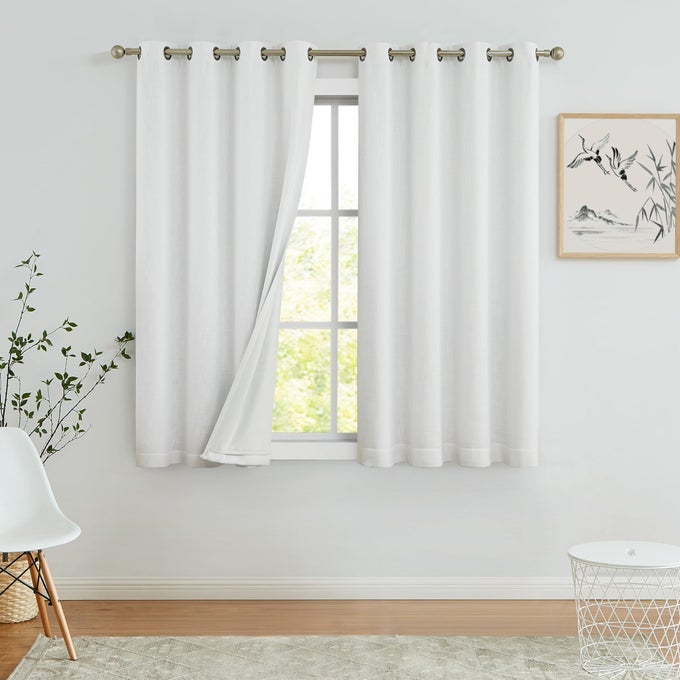 WHITE SOLID FULL BLACKOUT WINDOW CURTAINS FOR BEDROOM NOISE REDUCING ENERGY EFFICIENT DRAPES HEAVY LINEN TEXTURE 8 GROMMETS TOP FOR LIVING ROOM WITH WHITE LINER CREAM WHITE 50 X 63 2 PANELS
