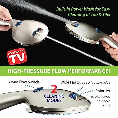 Hotel Spa AquaCare High Pressure 8-mode Handheld Shower Head, Anti-clog Nozzles, Built-in Power Wash to Clean Tub, Tile & Pets, Extra Long 6 ft. Stainless Steel Hose, Wall & Overhead Brackets - Image 5