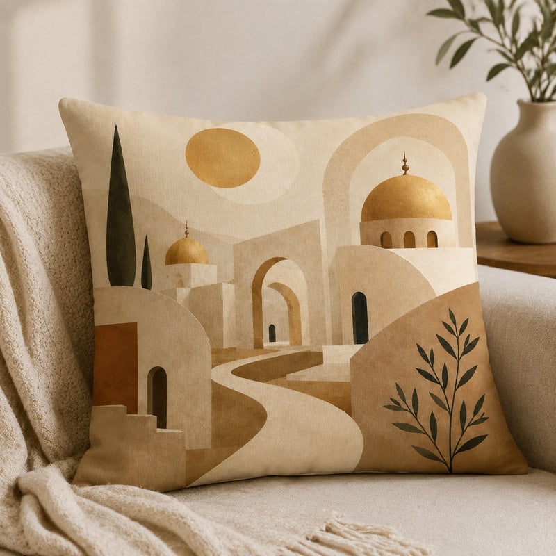 طقم أغطية وسائد ديكور 4 قطع بتصميم هندسي عربي بألوان بيج وذهبي لمظهر أنيق وفاخر - Image 3