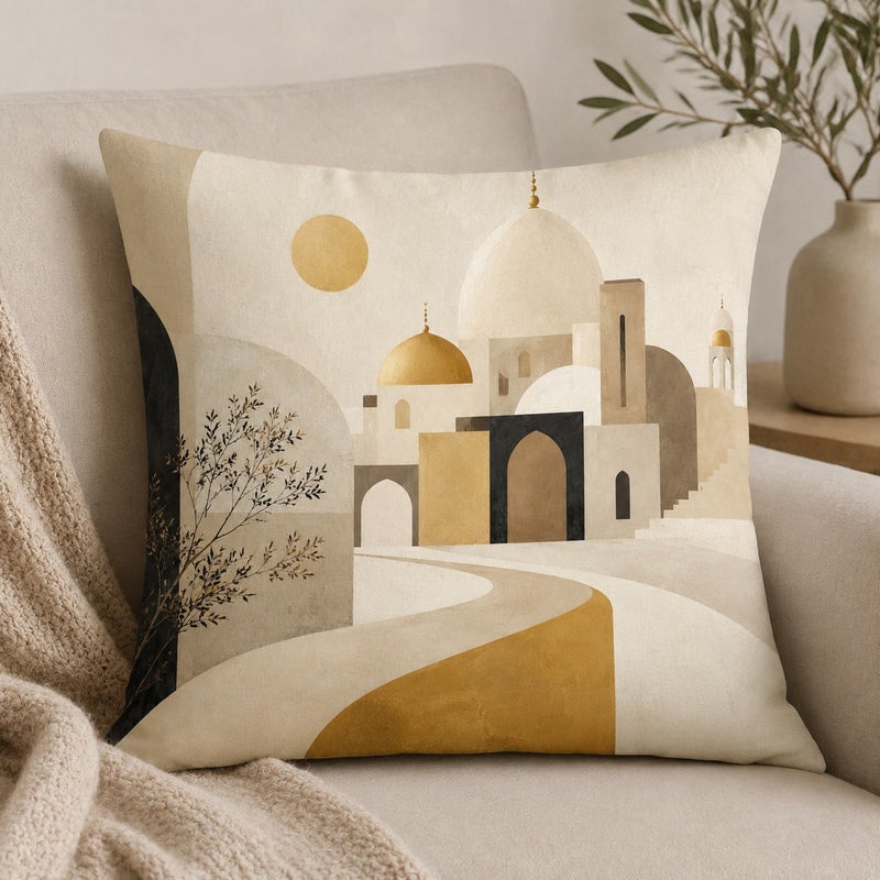 طقم أغطية وسائد ديكور 4 قطع بتصميم هندسي عربي بألوان بيج وذهبي لمظهر أنيق وفاخر - Image 4