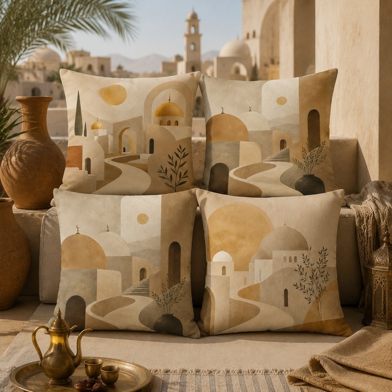 طقم أغطية وسائد ديكور 4 قطع بتصميم هندسي عربي بألوان بيج وذهبي لمظهر أنيق وفاخر - Image 2